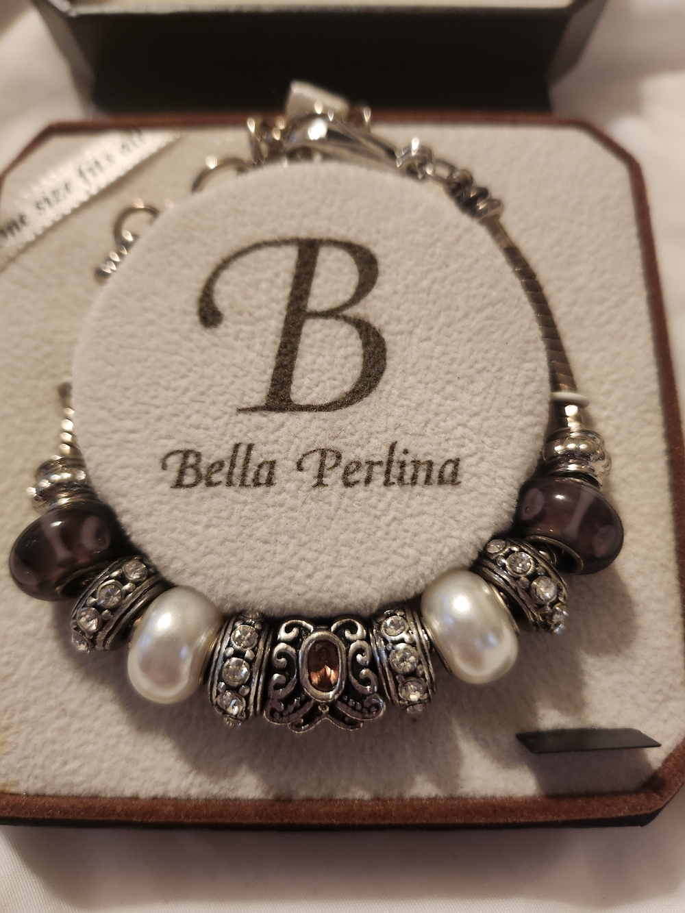 Bella Perlina Silver Pearl & Glass Charm Bracelet - White and Purple